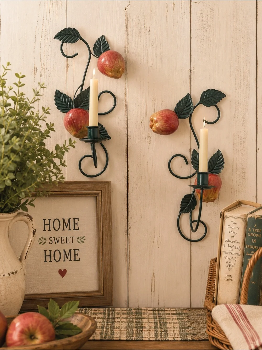 Set of 2 Vintage Apple Wall Candle Sconces Farmhouse Kitchen Country Cottage